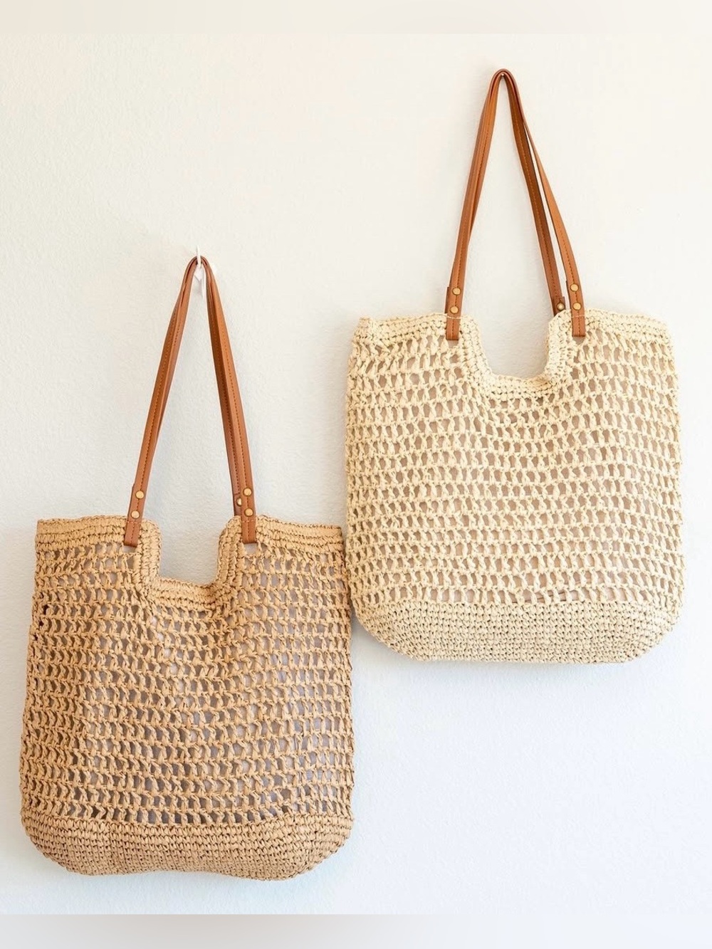 NWOT Viral Straw Market Bags w/ Natural Faux Leather Straps - Set of 2